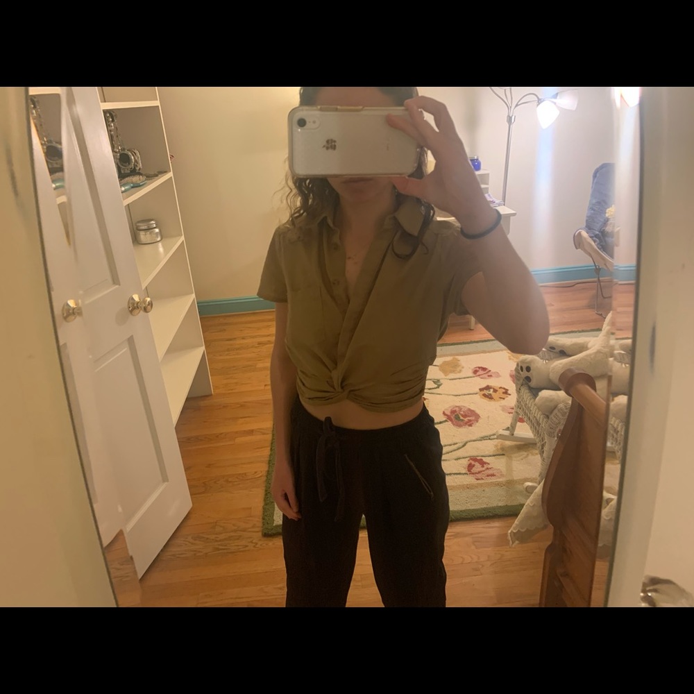Scooped mustard free people button down